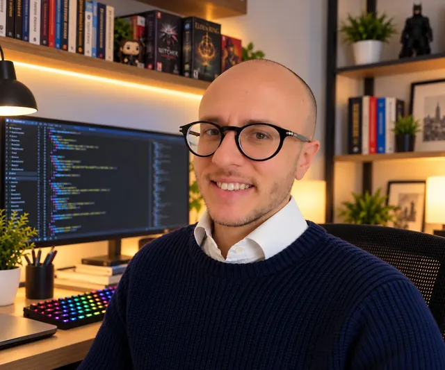 Marco Pagan smiling at his desk, with code on the monitor behind him